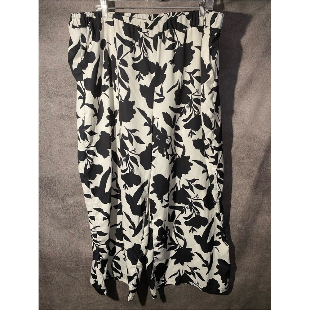 Emery Rose Women 4XL Floral Wide Leg Pants Elastic Waist Black White Tropical